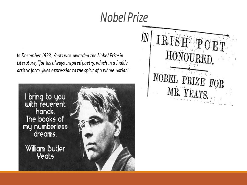 Nobel Prize In December 1923, Yeats was awarded the Nobel Prize in Literature, 